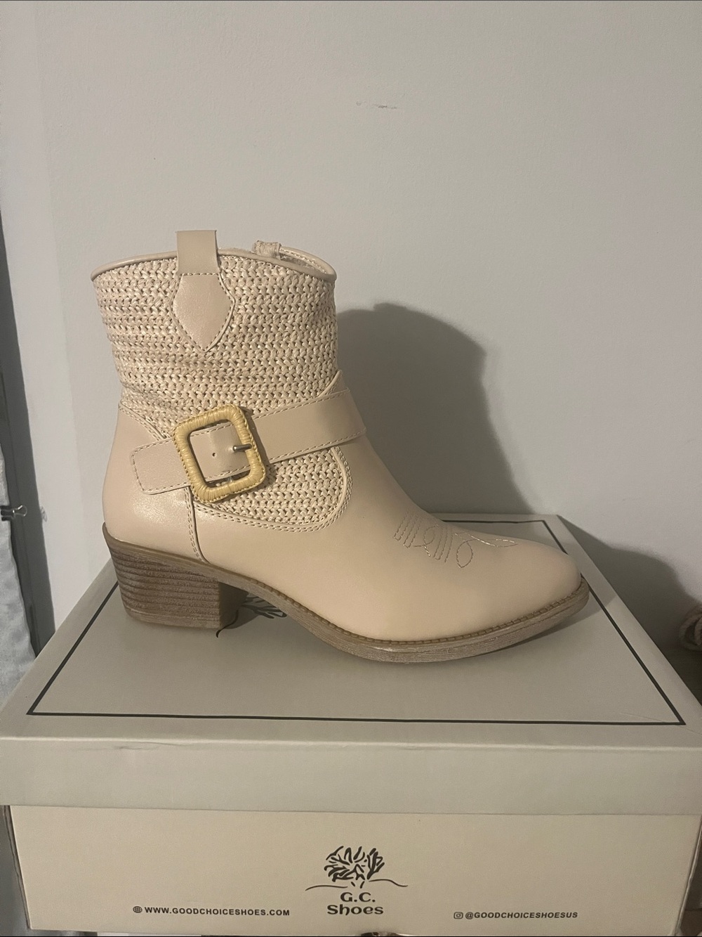 Good Choice Shoes Cream Woven Ankle Boot with Buckle Detail